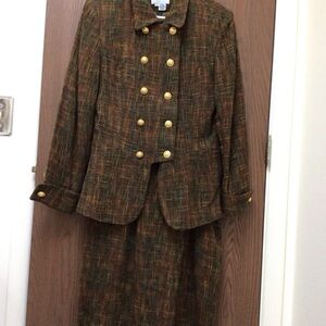 Doncaster Brown Tweed Plaid Skirt Set with Gold Buttons wool olive, lined, sz 6